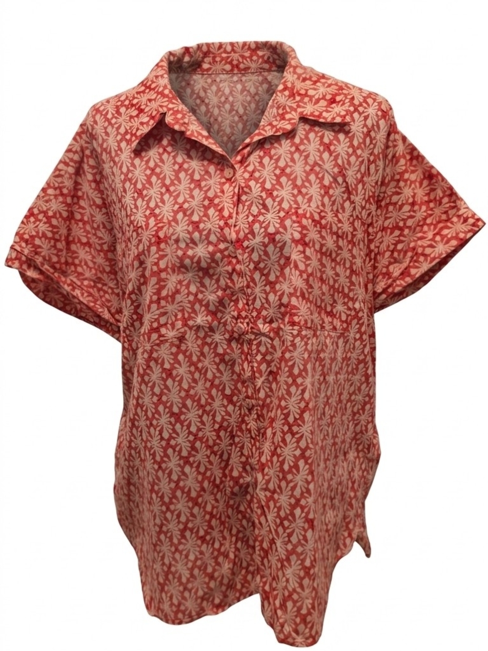 Orvis Red Pink Geometric Block Print Cotton Short Sleeve Button Down Shirt L